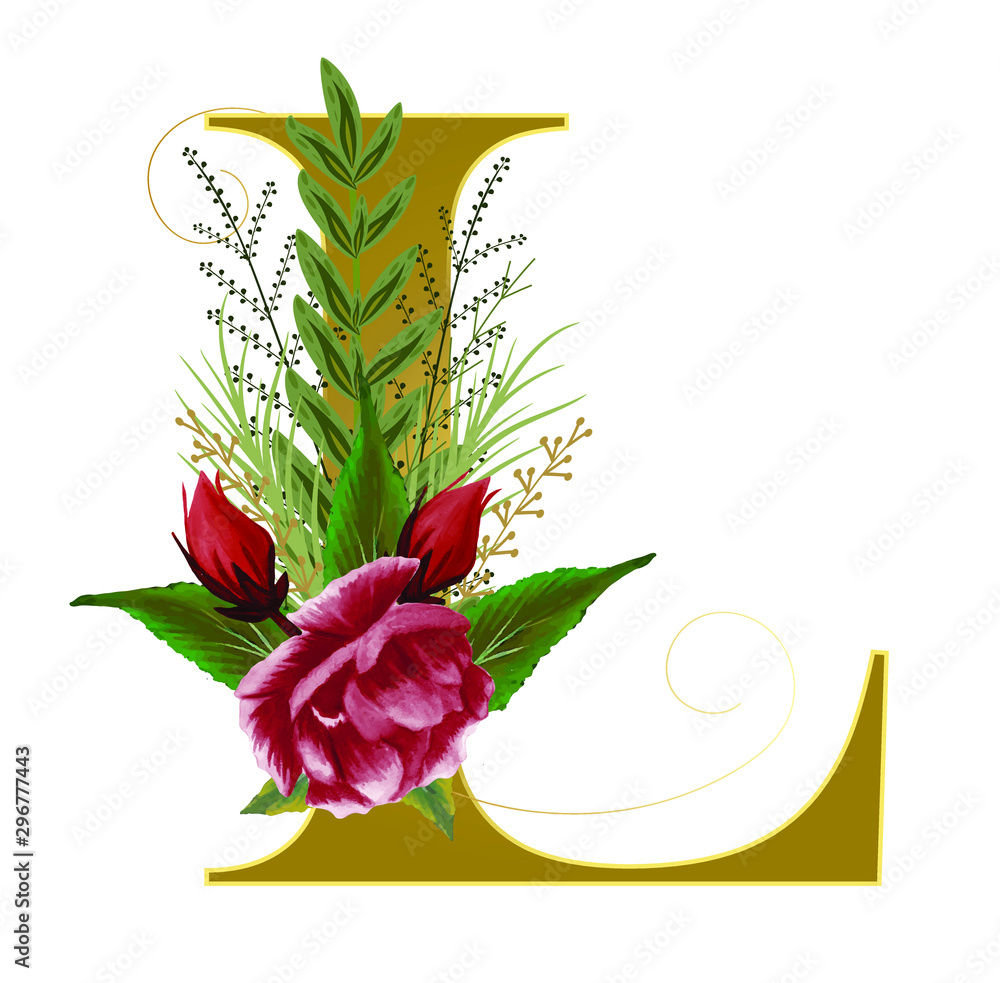 Gold Alphabet flowers - Letter L with watercolor flowers and leaves ...