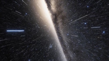 camera on spaceship flies at the speed of light through a galaxy in space. billions of stars in the 