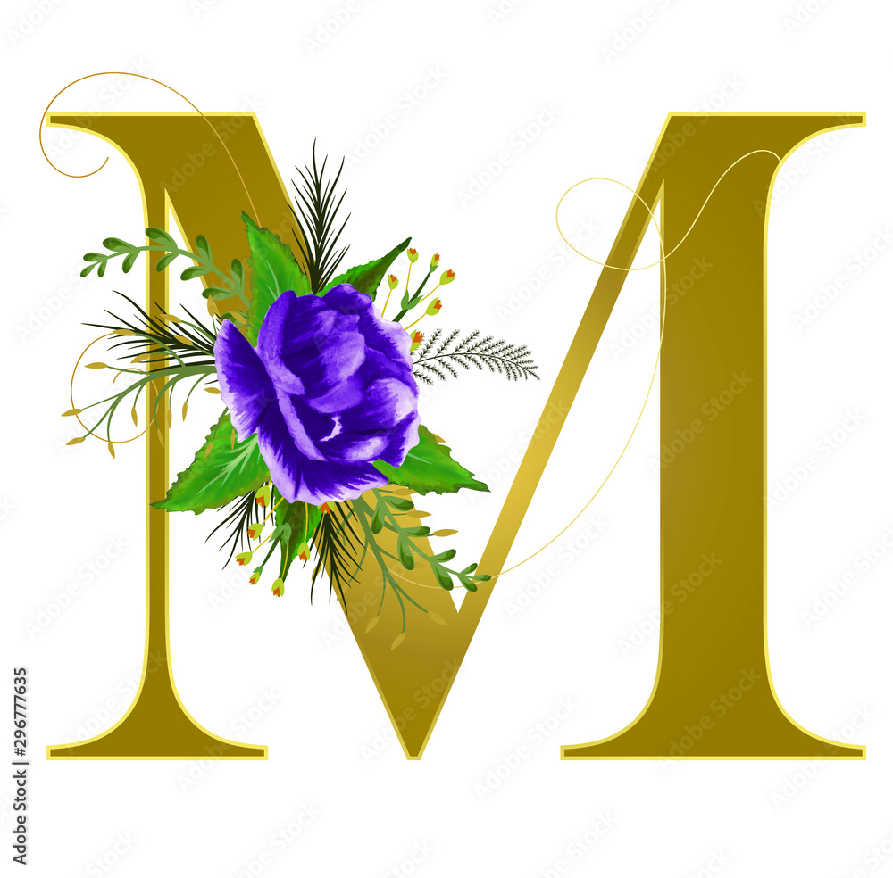 Gold Alphabet flowers - Letter M with watercolor flowers and leaves ...