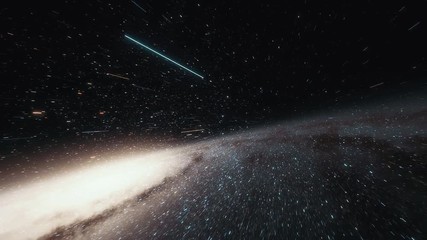 Wall Mural - Camera on spaceship flies at the speed of light through a galaxy in space. Billions of stars in the Milky Way or Andromeda galaxy