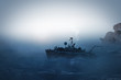 © U_WD - Illustration of a lifeboat with refugees in the stormy sea. In the background you can see explosions and smoke columns.