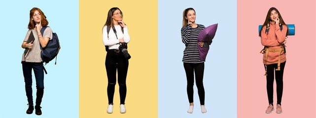 Set of travel woman, photographer, student and in pajamas thinking an idea while looking up