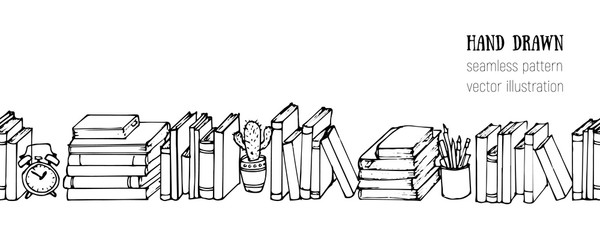Doodle horizontal seamless vector pattern. Hand drawn Books, Notebooks, Notepads and Diaries. Sketch Stack of books. Office stuff, student desk. Cartoon style illustration. School, college elements. 