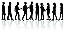 Vector Silhouettes Men And Women Standing And Walking, Different Poses,  Business  People Group, Shadow,  Black Color, Isolated On White Background