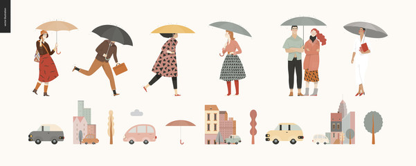 Wall Mural - Rain - walking people set -modern flat vector concept illustration of people with umbrella, walking or standing in the rain in the street, city houses and cars.