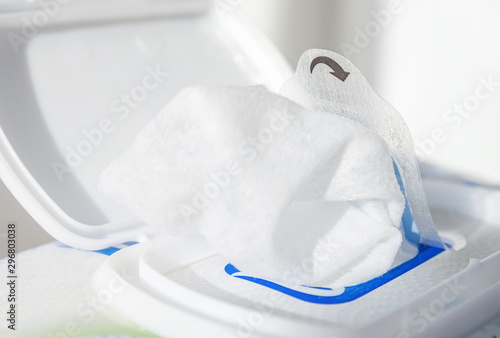 Fotografía Package of a baby wet wipes. Selective focus, close-up.