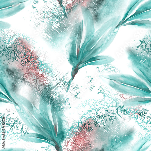 Tapety Turkusowe leaves-seamless-pattern-watercolor-background-hand-painted-floral-illustration