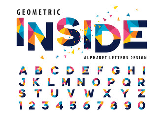 vector of geometric alphabet letters and numbers, modern colorful triangle letter