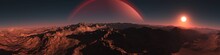 Panorama Of An Alien Landscape. Sunset On Mars. Alien Sunset. 3d Rendering.