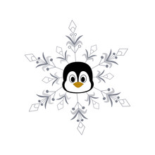 Winter Vector Illustration With A Penguin In A Snowflake