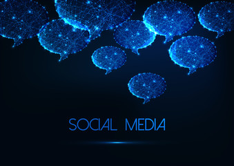 Futuristic glowing low polygonal speech bubbles and text social media on dark blue background.