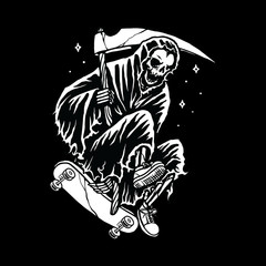 Skull Grim Reaper Skateboarding Line Graphic Illustration Vector Art T-shirt Design