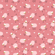 Girlish Seamless Pattern With Cute Sheep And Heart Shapes. Funny Animals In Different Poses On Pink Background. Flat Vector Illustration.