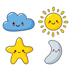 set of kawaii stars, moon, sun and clouds isolated on white background. baby cute pastel colors. vector Illustration.