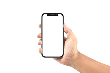 Wall Mural - hand holding black smartphone with blank screen isolated on white