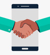 Business handshake vector illustration flat style. Online Communication, two business man handshake on mobile, Businesspersons shaking hands through display of a phone