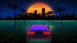 3D rendering bright retro futuristic world of computer space in the style of science fiction of the 80s. Futuristic car in virtual space