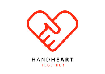 Hand palm care love symbol. Hands together. Heart symbol. Partnership business logo. Two hands make a deal. Handshake, cooperation and teamwork, love and relationship vector logo icon.