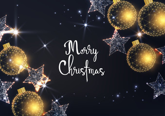 Canvas Print - Merry Christmas greeting card with glow golden baubles and white stars and text on black background.