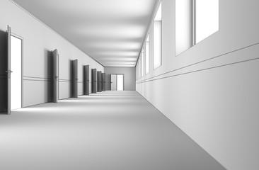 long corridor with doors, interior visualization, 3D illustration