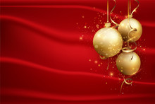 Red Christmas Background With Gold Balls. Elegant New Year Background. Holiday Background. Greeting Card Design Template