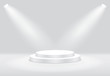 White 3d round podium with light and lamp. Winner stand with spotlights. Empty pedestal platform for award. Podium, stage pedestal or platform illuminated by light on isolated background. vector