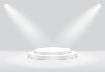 white 3d round podium with light and lamp. winner stand with spotlights. empty pedestal platform for