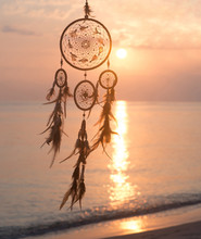 Dreamcatcher, On Sunrise Sea Background, Magical Indian Shaman Amulet, Mystical..