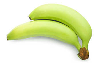 Fresh bananas with a green peel isolated on white background with shadow and clipping path.