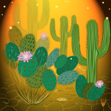 Illustration For Children - A Fairy Forest, Where Magical Green Cacti With Pink Flowers Grow. Stylized Green Cacti In The Desert On A Yellow Background 