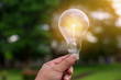 © maeching - hand holding light bulb against nature, icons energy sources for renewable,