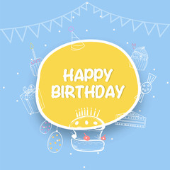 Sticker - Happy Birthday greeting or invitation card with doodle elements.