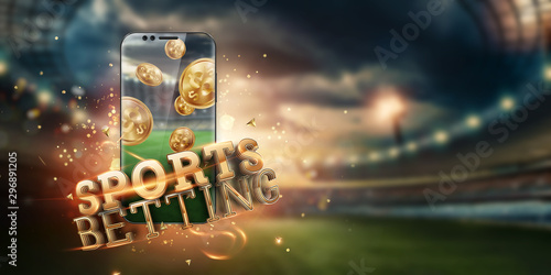Fotografía Gold inscription Sports Betting on a smartphone on the background of the stadium