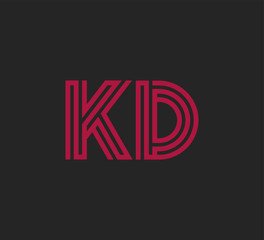 Initial two letter red line shape logo on black vector KD