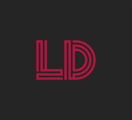 Initial two letter red line shape logo on black vector LD