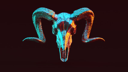 Wall Mural - Silver Ram Skull with Red Orange and Blue Green Moody 80s lighting Front 3d illustration 3d render