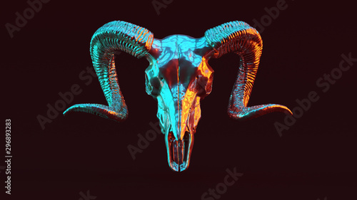Cuadros en Lienzo Silver Ram Skull with Red Orange and Blue Green Moody 80s lighting Front 3d illu