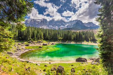 Wall Mural - stunning carezza lake in summer, dolomites, italy