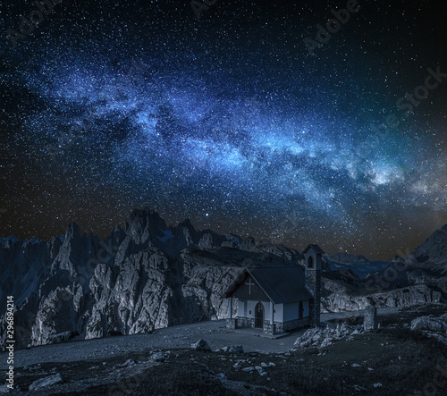 Milky way over small chapel...