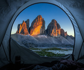 Wall Mural - camping in tent at tre cime at sunset, dolomites