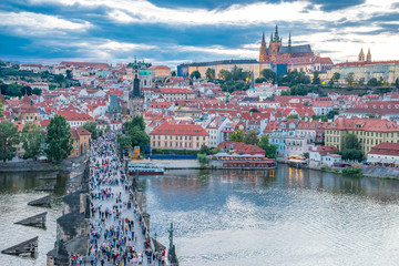 Wall Mural - panorama of Prague with red roofs from above summer day at dusk, Czech Republic