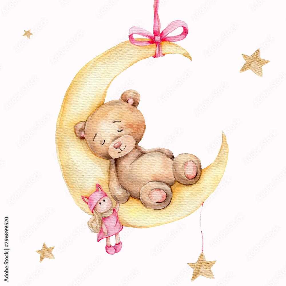 picture Aesthetic Teddy Bear Drawing cute slepping teddy bear on the moon and golden stars watercolor hand draw illustratuion with white isolated background wall mural