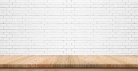 Wall Mural - Empty wooden table top, counter or shelf on white brick wall background, For food display banner, backdrop.