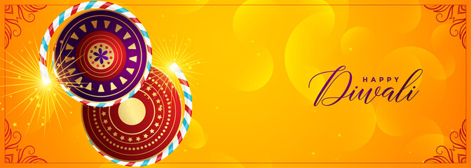 Sticker - yellow cracker banner for happy diwali festival