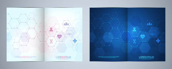 Template brochure or cover book, page layout, flyer design. Concept and idea for health care business, innovation medicine, pharmacy, technology. Medical background with flat icons and symbols.