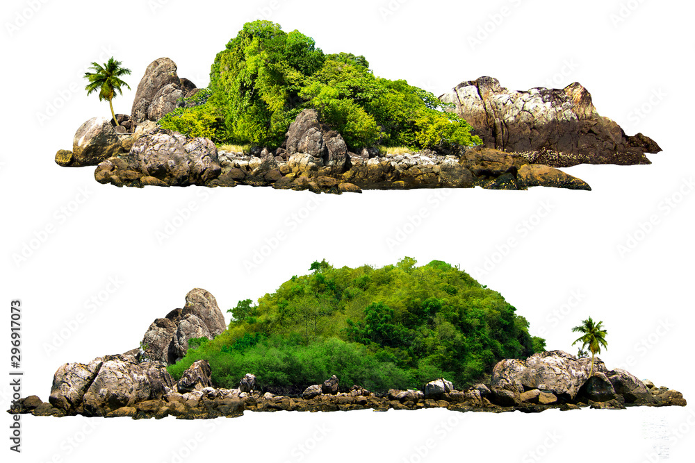 The trees. Mountain on the island and rocks.Isolated on White background - obrazy, fototapety, plakaty 
