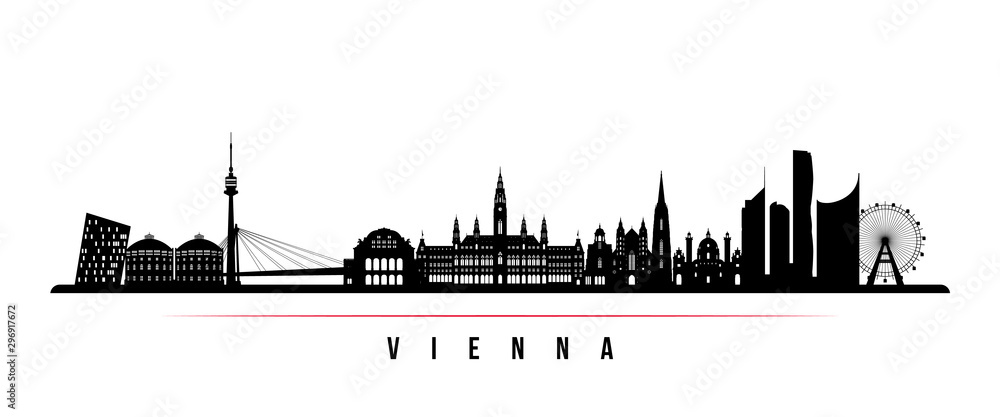 Vienna skyline horizontal banner. Black and white silhouette of Vienna, Austria. Vector template for your design. - obrazy, fototapety, plakaty 