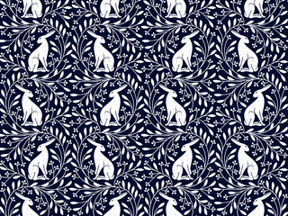 seamless blue pattern with a hare and gentle white floral ornament