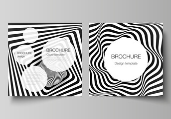 The minimal vector layout of two square format covers design templates for brochure, flyer, magazine. Abstract 3D geometrical background with optical illusion black and white design pattern.