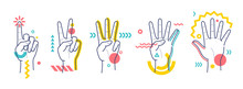 Hands Showing Numbers One, Two, Three, Four, Five. Flat / Line Style With Colorful Small Geometric Particles And Dots. Set Elements.